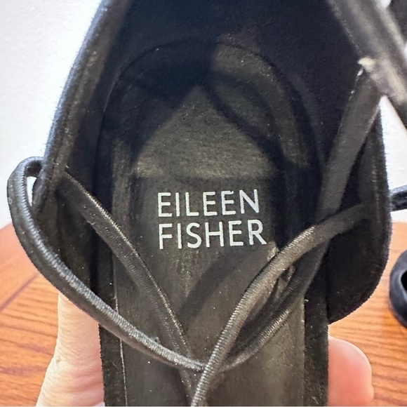 Eileen Fisher Women's 6.5 Black Suede Rope Ghillie Lace Block Heel Wedding Guest - Picture 4 of 8